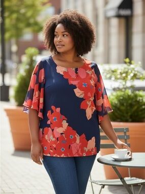 STYLE & CO Navy Floral Flutter Sleeve Blouse - Red & Coral Flowers size 1X